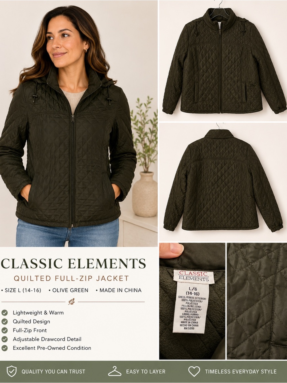Classic Elements Olive Quilted Full-Zip Puffer Jacket